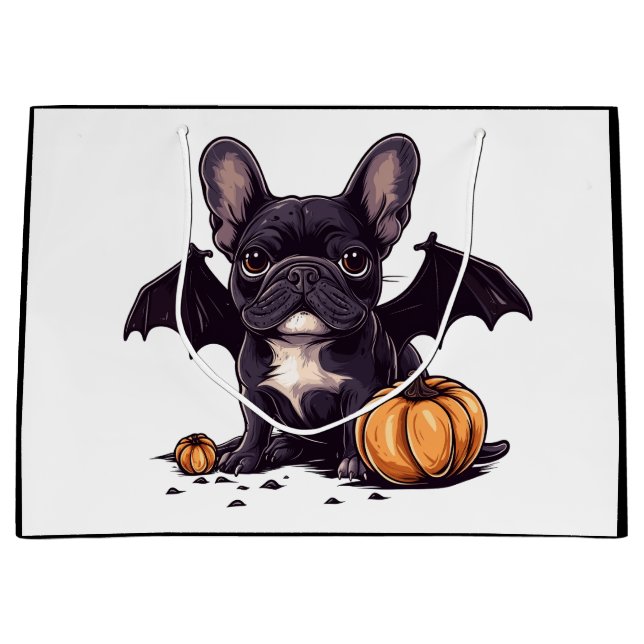 Sacola Para Presentes Grande Halloween French Buldogue Wings Pumpkins (Frente)