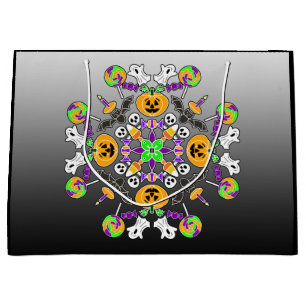 Sacola Para Presentes Grande Halloween Mandala Ghosts, Pumpkins, Morcegos e Crâ