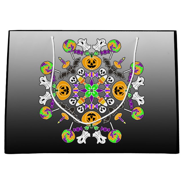 Sacola Para Presentes Grande Halloween Mandala Ghosts, Pumpkins, Morcegos e Crâ (Frente)
