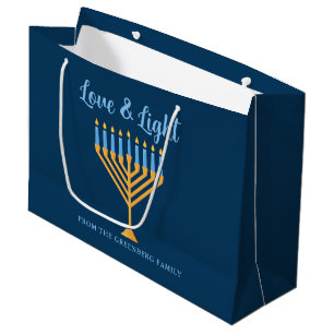 Sacola Para Presentes Grande Hanukkah Love & Light Menorah Customable Blue