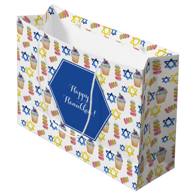 Sacola Para Presentes Grande Hanukkah Watercolor Personalizado (Frente inclinada)