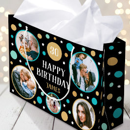 Sacola Para Presentes Grande Happy Birthday Photo Collage Any Age 30th Teal