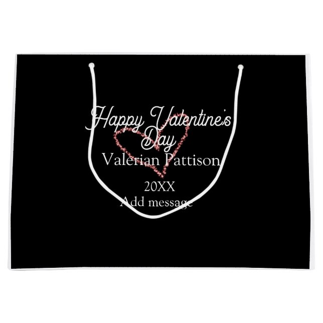 Sacola Para Presentes Grande Happy Valentine's day red glitter heart black name (Frente)