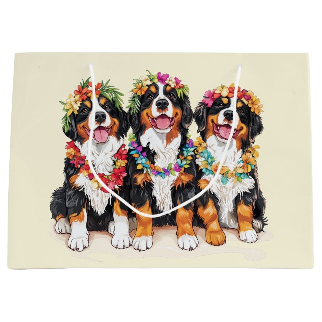 Sacola Para Presentes Grande Hawaiian Bernese Mountain Dogs Flower Lei (Frente)