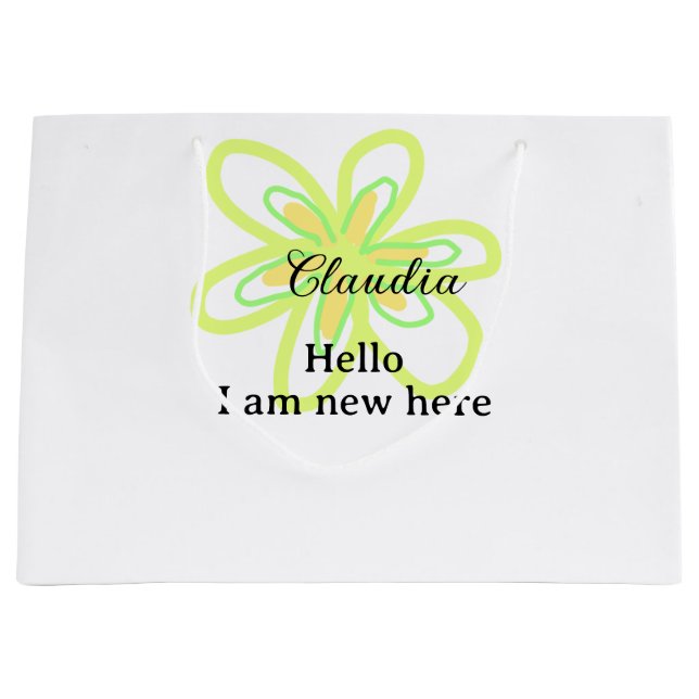 Sacola Para Presentes Grande Hello I am new here name yellow green flower kids (Frente)