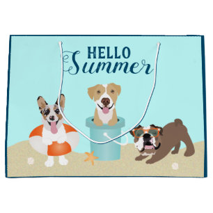 Sacola Para Presentes Grande Hello Summer Beach Dogs Blue