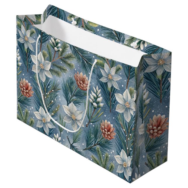 Sacola Para Presentes Grande Hello Winter Pines & Flowers (Frente inclinada)