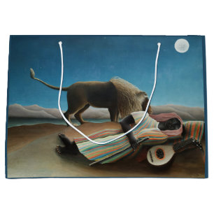 Sacola Para Presentes Grande Henri Rousseau Sleeping Gypsy Lion Painting