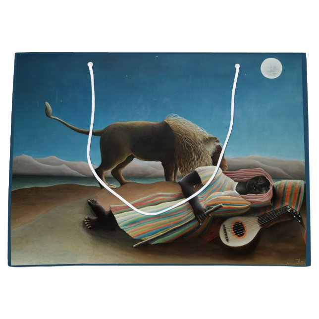 Sacola Para Presentes Grande Henri Rousseau Sleeping Gypsy Lion Painting (Frente)