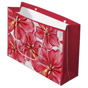 Sacola Para Presentes Grande Hibiscus e rendas RED