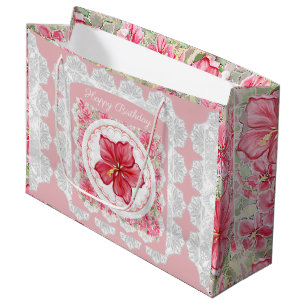 Sacola Para Presentes Grande Hibiscus e rendas RED