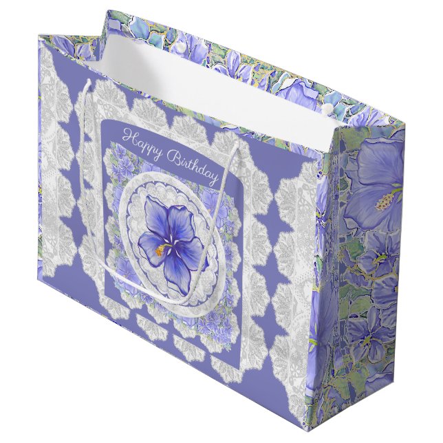 Sacola Para Presentes Grande Hibiscus & lace BLUE (Frente inclinada)