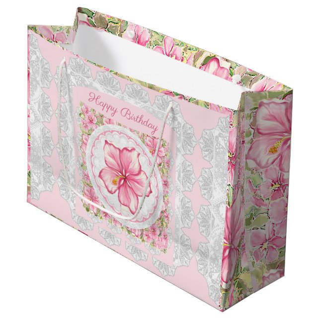 Sacola Para Presentes Grande Hibiscus & Lace PINK (Frente inclinada)
