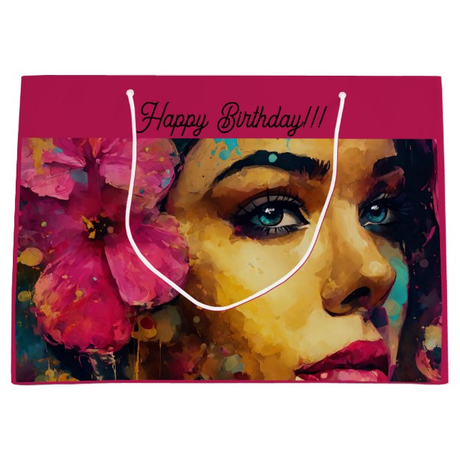 Sacola Para Presentes Grande Hibiscus rosa-negrito e Retrato Abstrato feminino (Frente)