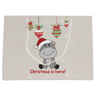 Sacola Para Presentes Grande Hippo Feliz Natal Animais de inverno Hippos Grande