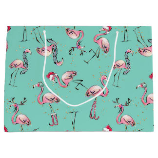 Sacola Para Presentes Grande Holiday Flamingos Santa Hat Saco de Natal