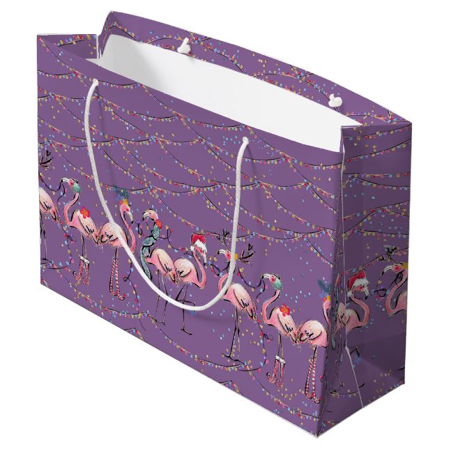 Sacola Para Presentes Grande Holiday Flamingos Tropical Holiday Gift Bag (Verso inclinado)