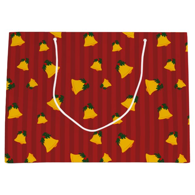 Sacola Para Presentes Grande Holiday Red Gold Stripe Bells Christmas (Frente)