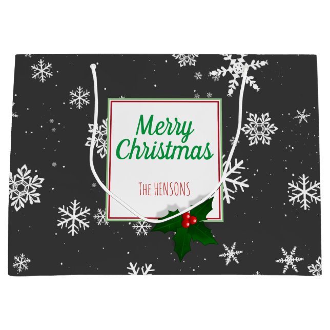 Sacola Para Presentes Grande Holly Tree Berry Cinza Flocos de Neve Natal Person (Frente)