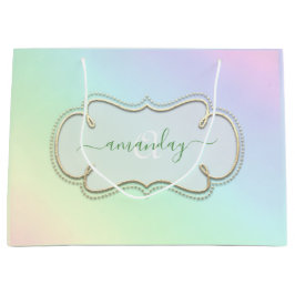 Sacola Para Presentes Grande Hológrafo Frame Real Monograma Pastel Rosa