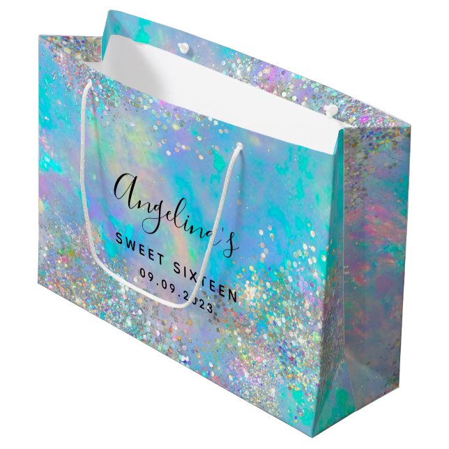 Sacola Para Presentes Grande Holographic Glitter Opal Doce Dezesseis (Frente inclinada)