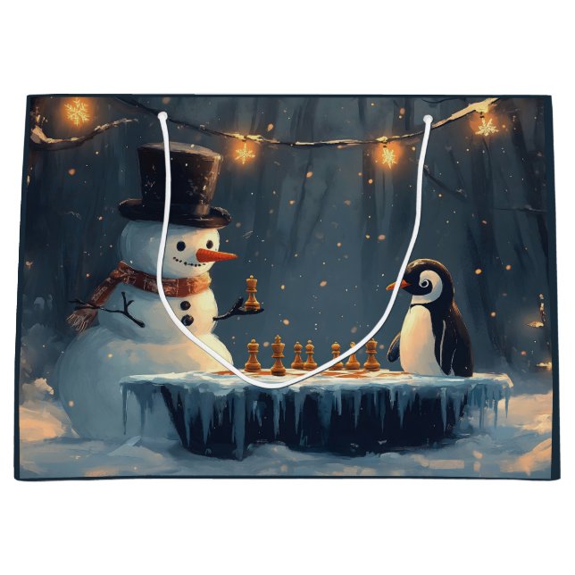 Sacola Para Presentes Grande Homem de Neve Adorável e Pinguim jogando xadrez (Frente)