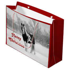 Sacola Para Presentes Grande Horse Black and White Snow Photo Christmas