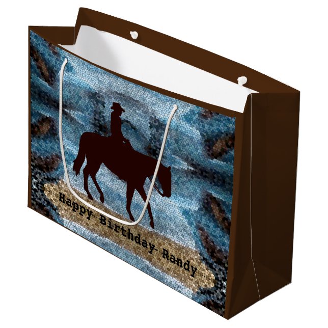 Sacola Para Presentes Grande Horseback Cowboy Birthday Blue (Frente inclinada)