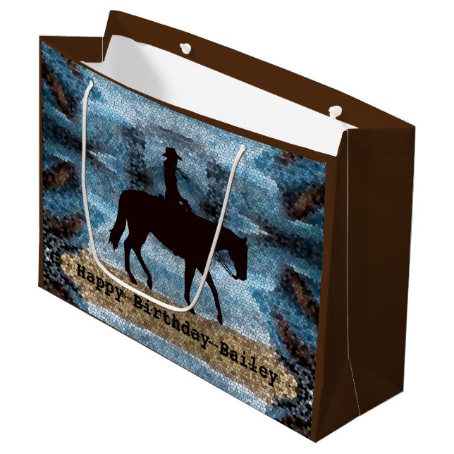Sacola Para Presentes Grande Horseback Cowgirl Birthday Blue (Frente inclinada)