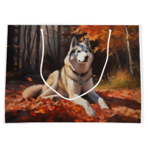 Sacola Para Presentes Grande Husky Siberiano nas Folhas do outono cai inspirado