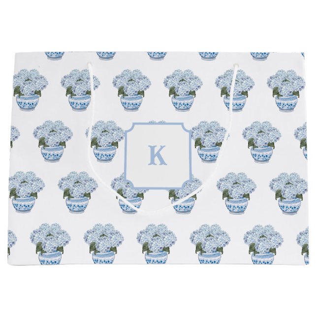 Sacola Para Presentes Grande Hydrangeas Azuis no Pote Chinoiserie (Frente)