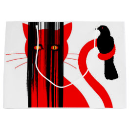 Sacola Para Presentes Grande Ilustração de gato vermelho e pássaro preto