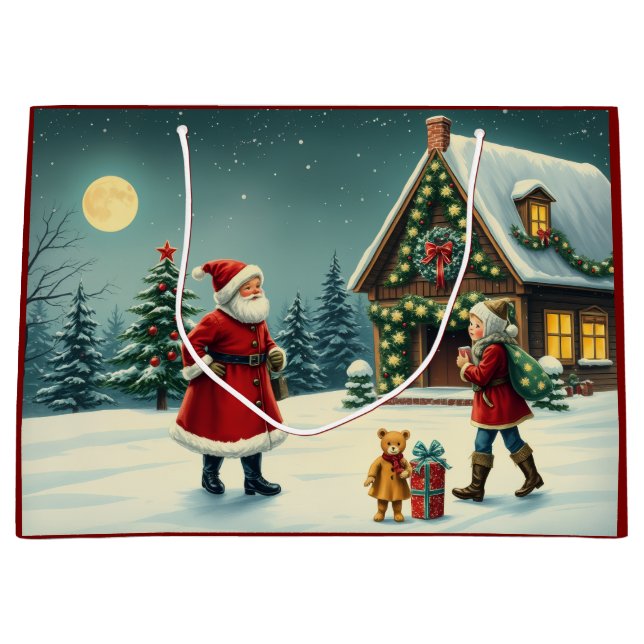 Sacola Para Presentes Grande Ilustração de natais vintages (Frente)