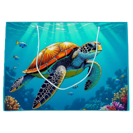 Sacola Para Presentes Grande Ilustração do Oceano Vibrante da Tartaruga Marítim