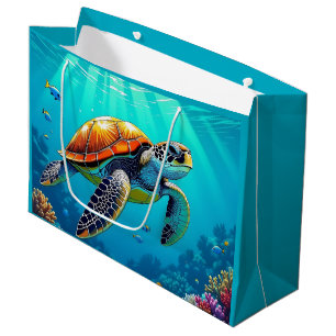 Sacola Para Presentes Grande Ilustração do Oceano Vibrante da Tartaruga Marítim