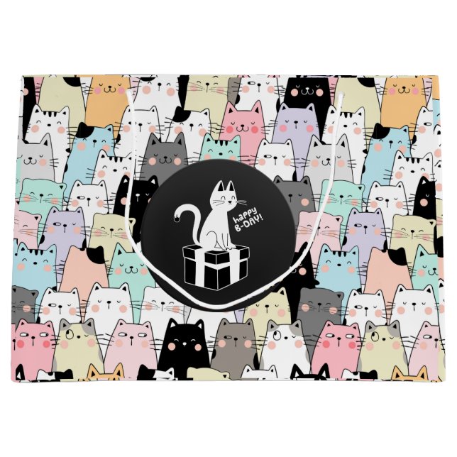 Sacola Para Presentes Grande Ilustração Sem Costura Cats Aniversário (Frente)