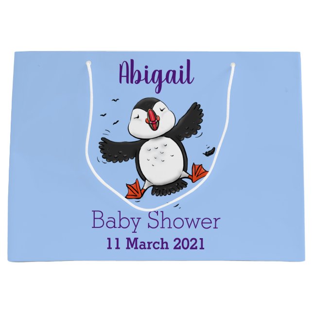 Sacola Para Presentes Grande Imagem azul de desenho animado de puffin voador e  (Frente)