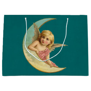 Sacola Para Presentes Grande Imagem de Vintage - Angel Sentado em uma Lua Cresc