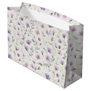 Sacola Para Presentes Grande Impressão Botânica de Flores Silvestres Purple Cot