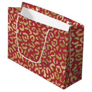 Sacola Para Presentes Grande Impressão de Glam Leopardo Dourado Vermelho