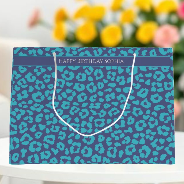 Sacola Para Presentes Grande Impressão de Leopardo Azul (Blue Leopard Print Large Gift Bag)