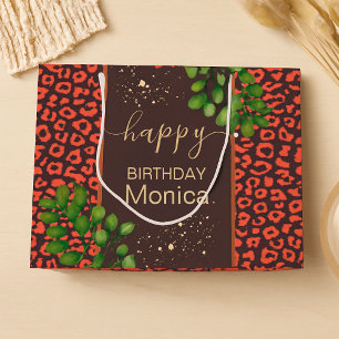 Sacola Para Presentes Grande Impressão de leopardo marrom coral
