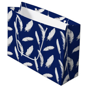 Sacola Para Presentes Grande Impressão de pena branca em azul escuro