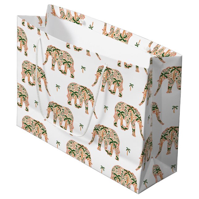 Sacola Para Presentes Grande Indian Floral Paisley Ornate Elephants (Frente inclinada)