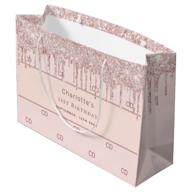 Sacola Para Presentes Grande Iniciais de monograma com rosa de ouro de aniversá (Verso inclinado)