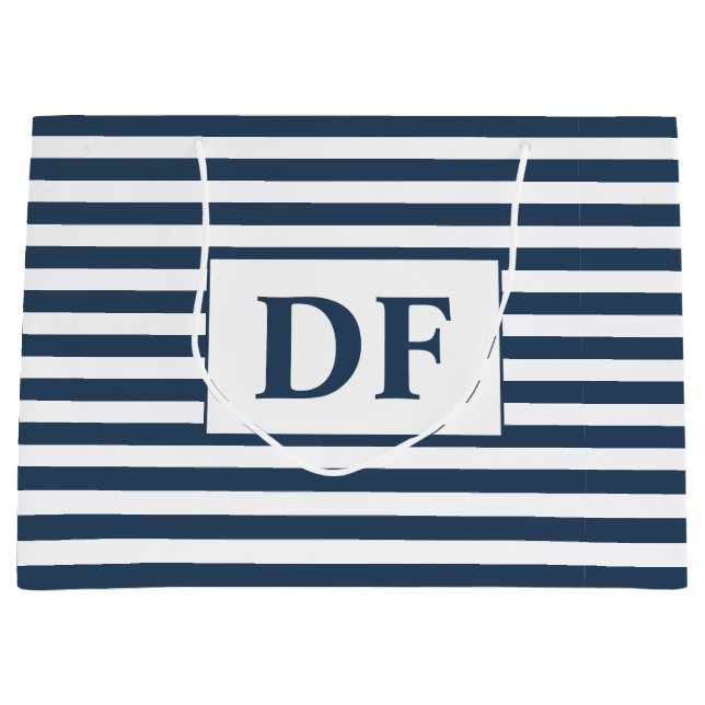 Sacola Para Presentes Grande Iniciais Personalizados - Listras Azuis/Brancas (Frente)