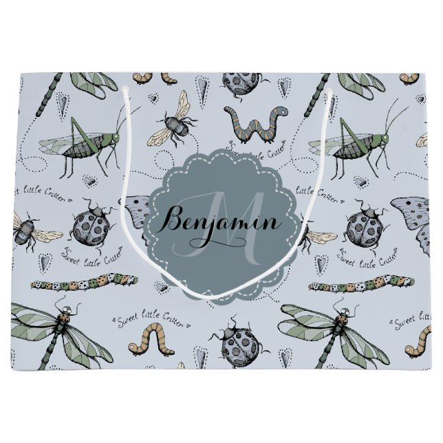 Sacola Para Presentes Grande Insetos de Bebê Azul Pastel Moles Boho Crianças e  (Frente)
