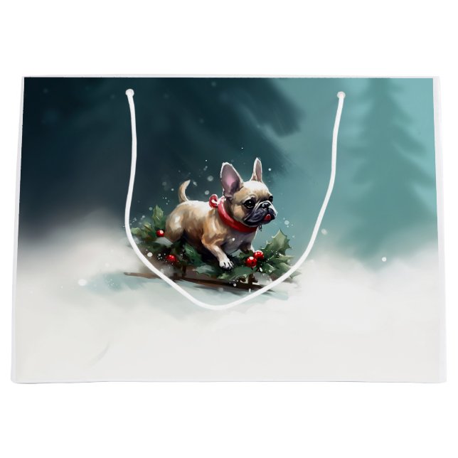 Sacola Para Presentes Grande Inverno de Natal do Buldogue Francês (Frente)