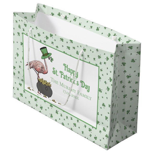 Sacola Para Presentes Grande Irish Shamrock Pink Flamingo St Patricks Day (Frente inclinada)