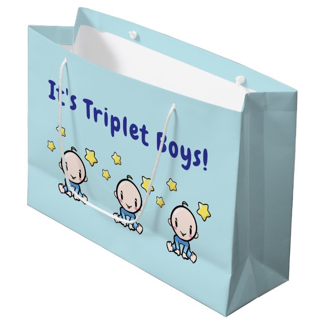 Sacola Para Presentes Grande It's Triplet Boys!, Triplet Babies Gift Wrap, (Frente inclinada)